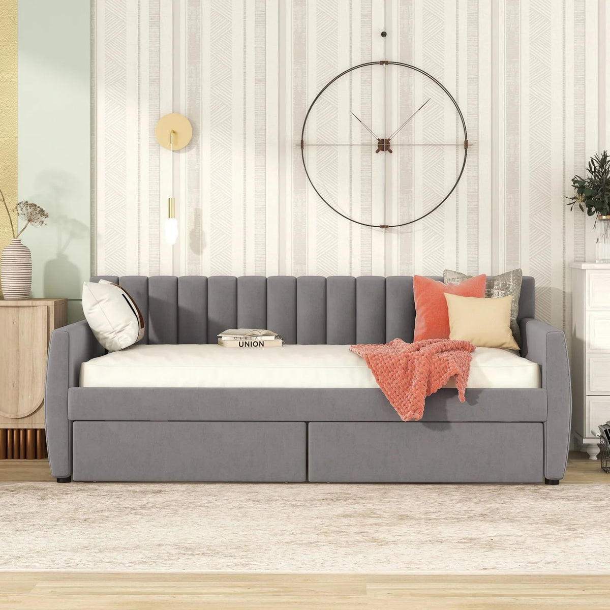 Lit de repos 1 place avec 2 tiroirs de rangement, cadre de lit-canapé capitonné et rembourré avec support à lattes en bois, parfait pour une chambre, gris