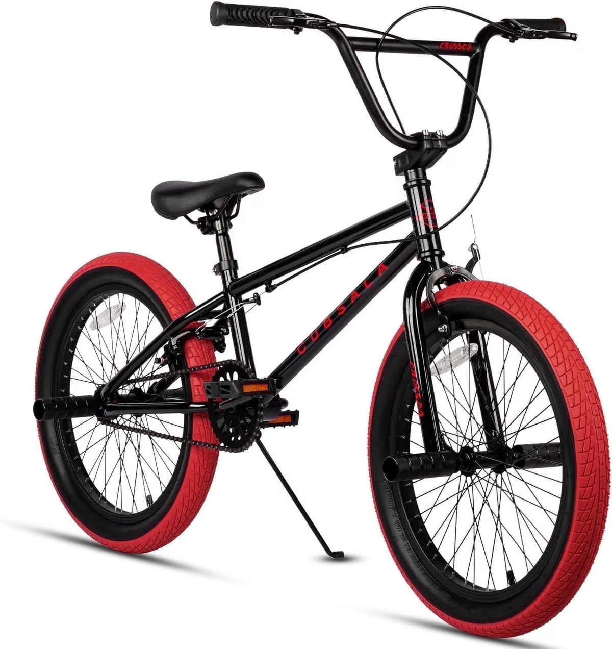 cubsala 20 Vélo BMX Freestyle pour enfants de 6 à 14 ans, garçons et filles, avec 4 cales, noir avec pneus rouges