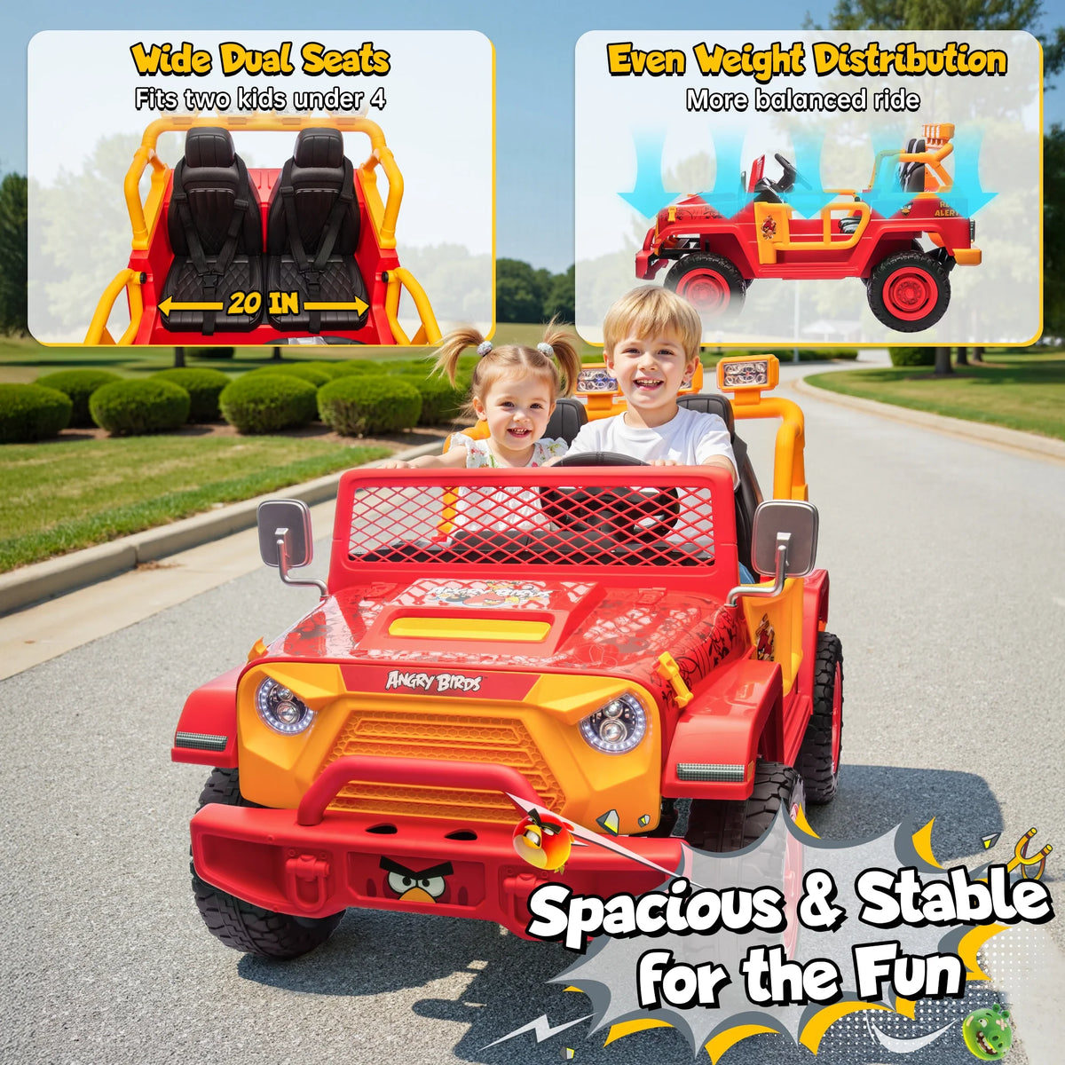 Jouets électriques Joyracer 24 volts pour grands enfants, camion sous licence Angry Birds avec télécommande, véhicule électrique 4x4 à 2 places avec pelle, Bluetooth, lumières, roues de voiture électrique, pour enfants de 3 à 8 ans, jusqu’à 59 kg, vert