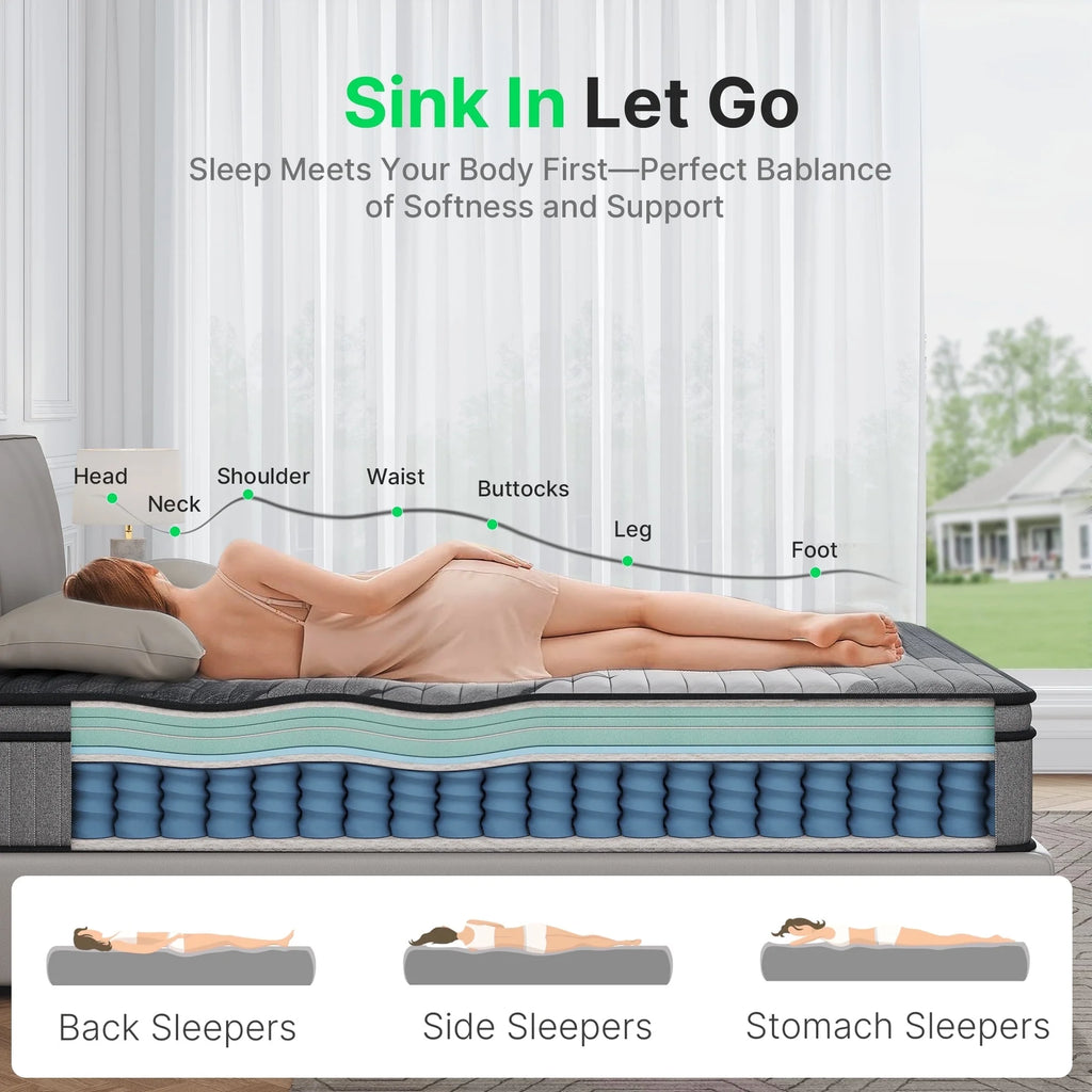 Matelas simple BEHOST de 25,4 cm, matelas écologique en mousse à mémoire de forme certifié CertiPUR-US, matelas hybride simple à ressorts ensachés sans transfert de mouvement