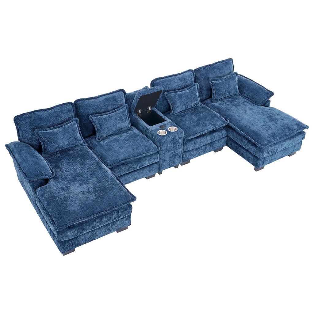 Canapé modulable en U Wiilayok Cloud Couch, méridienne double extra profonde de 124 cm en chenille duveteuse, console centrale avec ports USB-C et A doubles, gris tempête