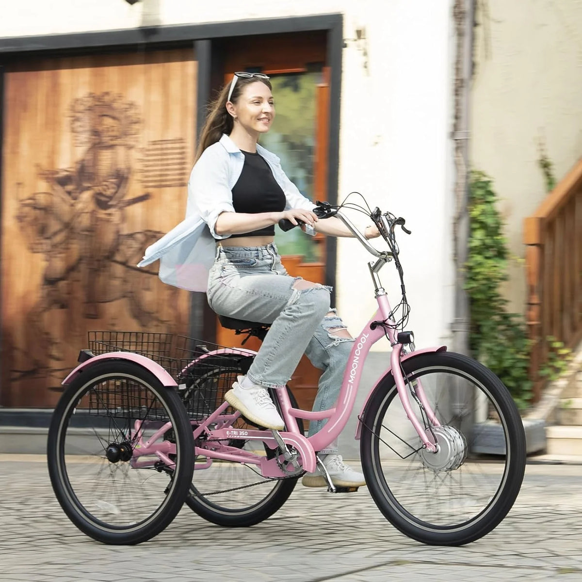 Tricycles électriques ABORON 24 26, batterie au lithium 36 V 10 Ah 350 W, triporteur électrique 7 vitesses pour adultes avec grand panier arrière et siège réglable