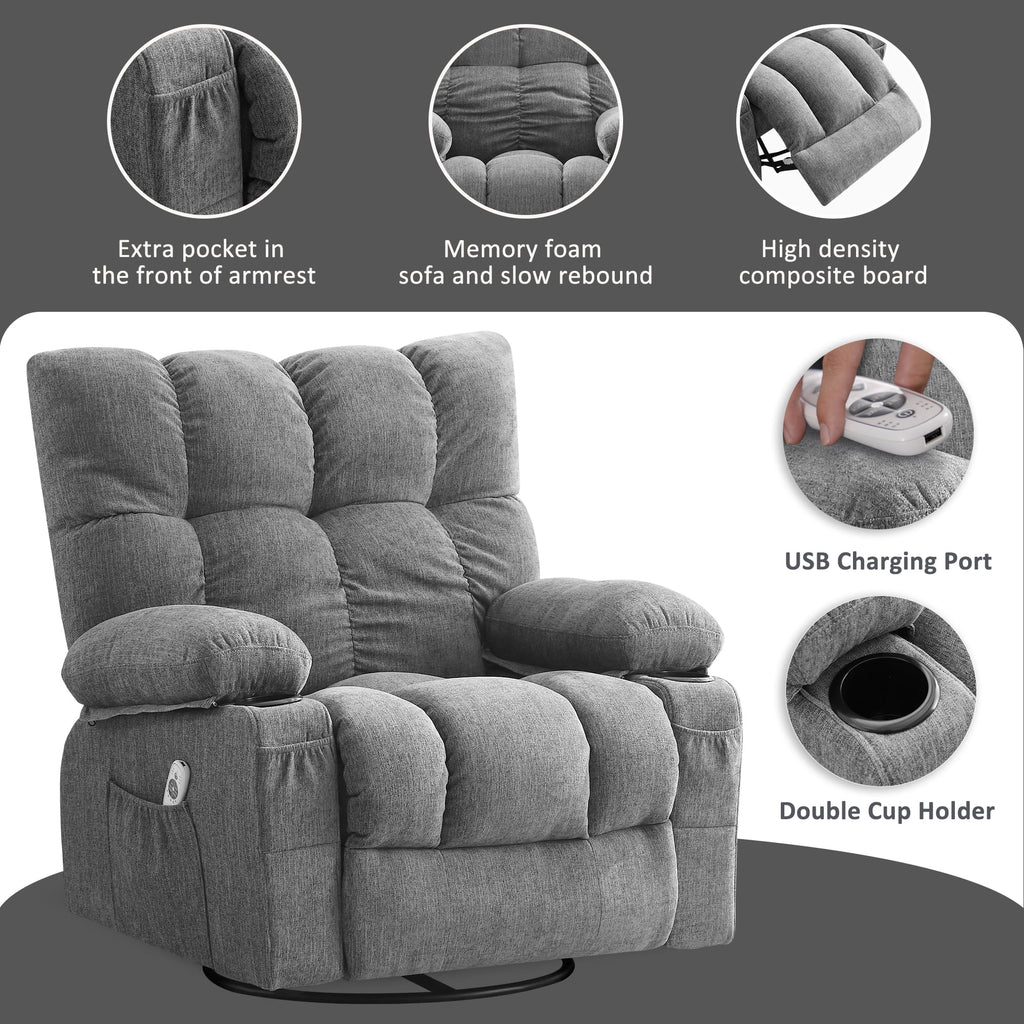 Fauteuil inclinable manuel JONPONY avec fonction de massage et de chauffage, mécanisme d’inclinaison robuste, fauteuil à bascule individuel pour personnes âgées avec porte-gobelets, pour chambre et salle de cinéma maison, gris