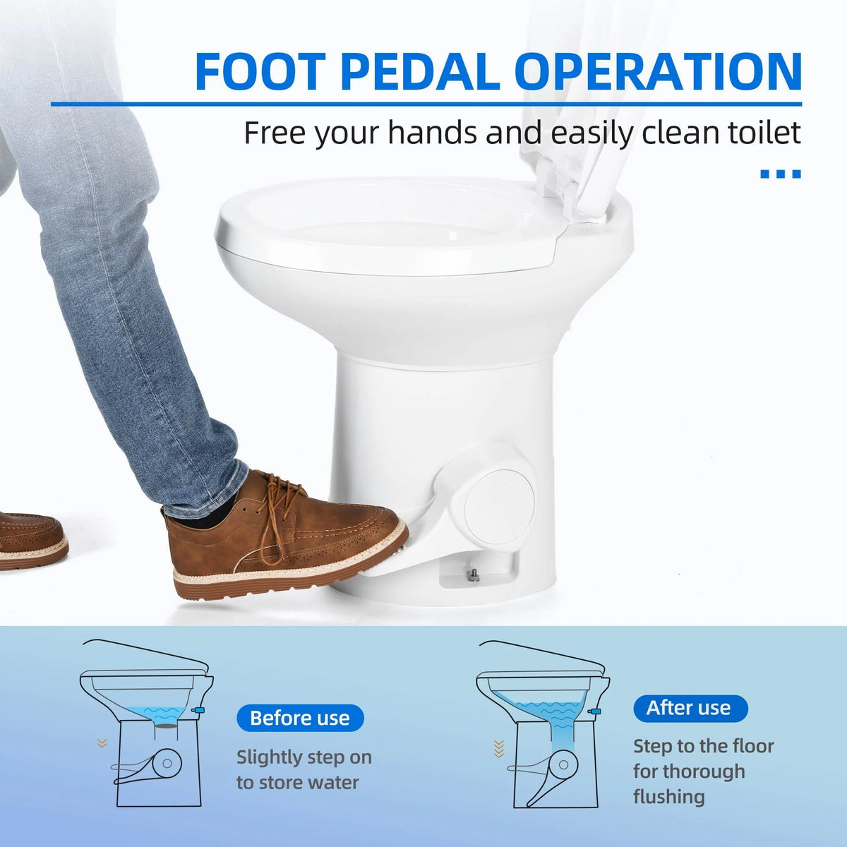 Toilettes portables Dextrus pour camping-car avec chasse à pédale, toilettes à chasse par gravité à profil haut pour les voyages en caravaning, le camping et la navigation, blanches