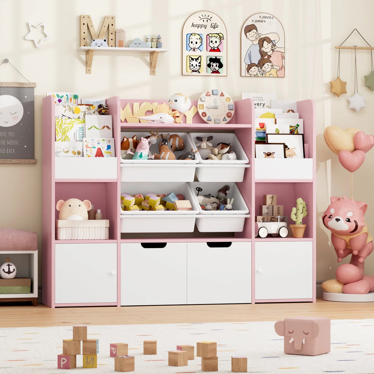 Hiphuta Bibliothèque et Meuble de Rangement pour Jouets pour Enfants, Organisateur en Bois avec 4 Paniers et 2 Tiroirs Amovibles pour la Maison et la Chambre, Étagère à Livres pour Enfants avec Bac à Jouets et Support à Livres, Blanc