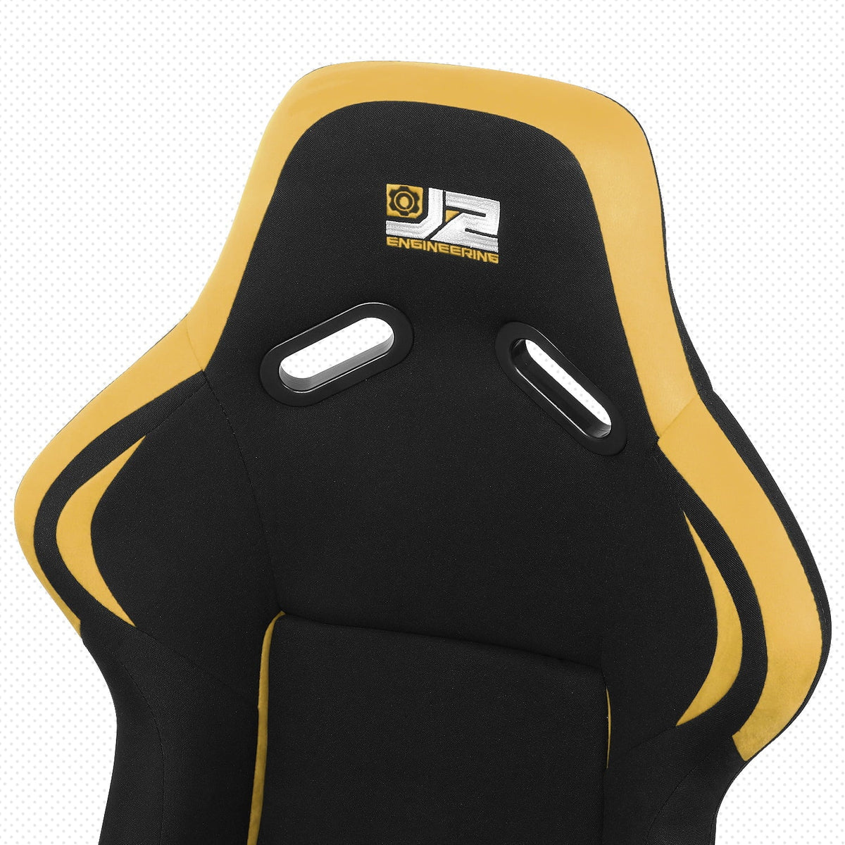 Paire de sièges baquets de course universels J2 Engineering, noirs et jaunes, en fibre de verre, design ergonomique avec supports de montage latéraux