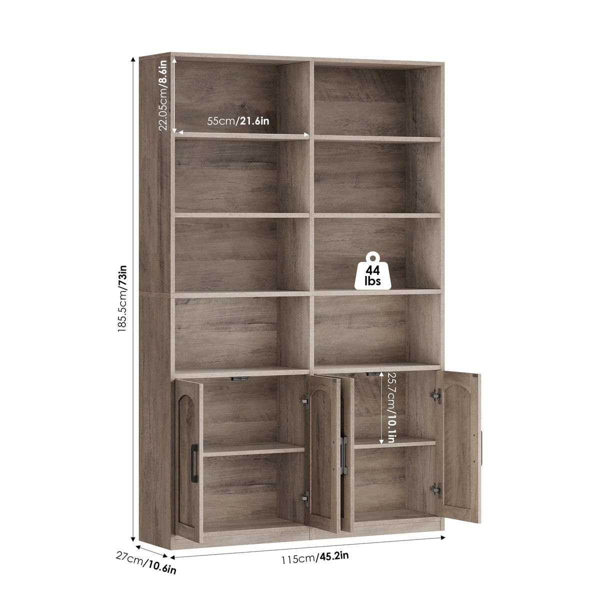 Bibliothèque haute Homfa 73 avec portes, 8 compartiments, 6 niveaux, double rangée, blanche, pour salon et bureau à domicile