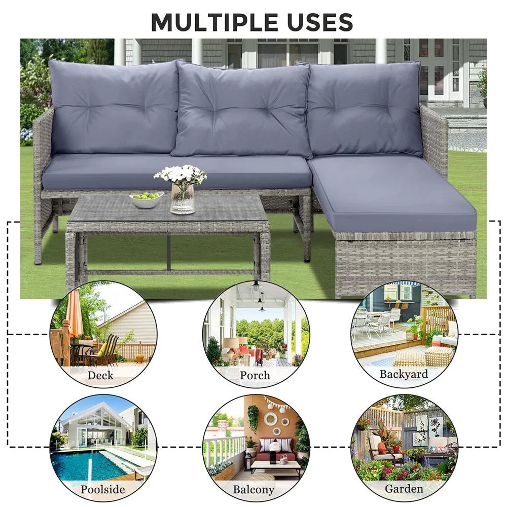 Ensemble de canapés de jardin en rotin, 4 pièces, salon d’angle d’extérieur en résine tressée PE résistante aux intempéries, ensemble de conversation avec coussins et table en verre pour terrasse, jardin, bord de piscine ou deck