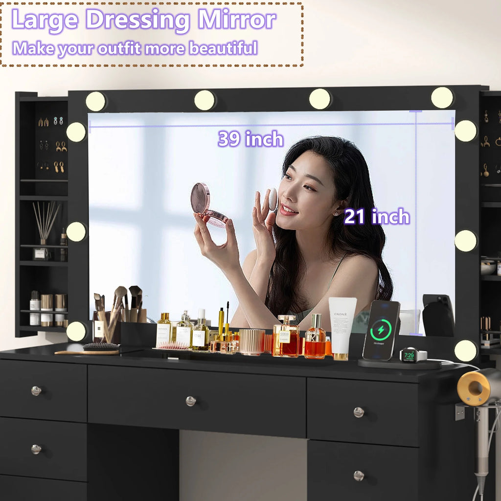 Coiffeuse blanche avec grand miroir lumineux et prise électrique, table de maquillage avec plateau en verre et tiroirs, rangement coulissant, grande coiffeuse de maquillage de 44,1 pour femmes et filles, blanche