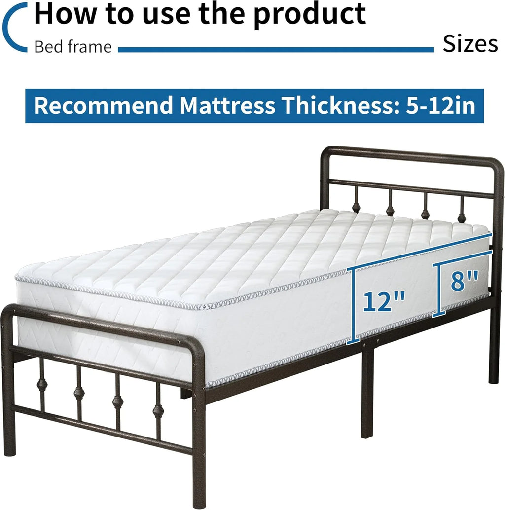 Cadre de lit simple XL de 16 pouces avec tête et pied de lit, plateforme classique en métal sans sommier requis, support de matelas robuste en fer artistique de style victorien, rangement sous le lit, marron