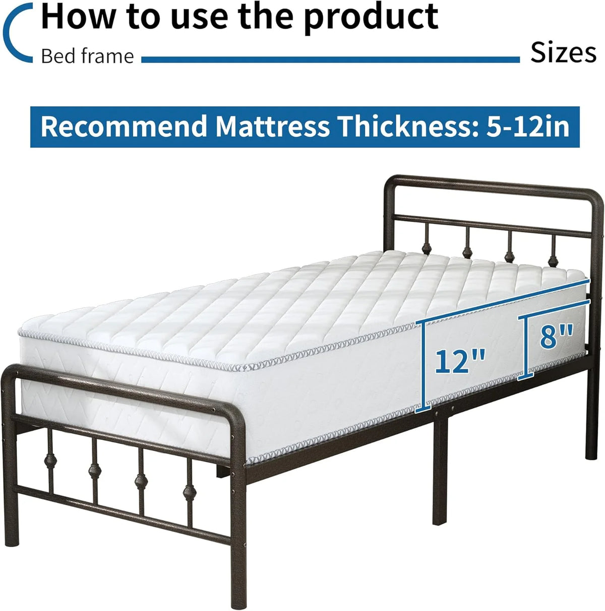 Cadre de lit simple XL de 16 pouces avec tête et pied de lit, plateforme classique en métal sans sommier requis, support de matelas robuste en fer artistique de style victorien, rangement sous le lit, marron