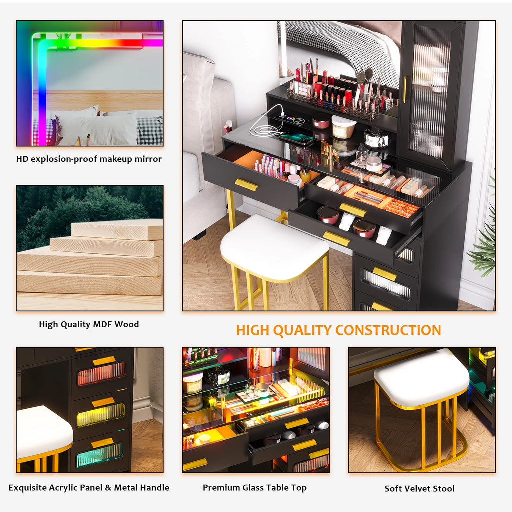 Coiffeuse HNEBC avec miroir et éclairage RGB, coiffeuse de maquillage avec plateau en verre, éclairage à détecteur automatique et charge sans fil, ensemble de coiffeuse avec tabouret rembourré, coiffeuse avec 6 tiroirs (blanc)
