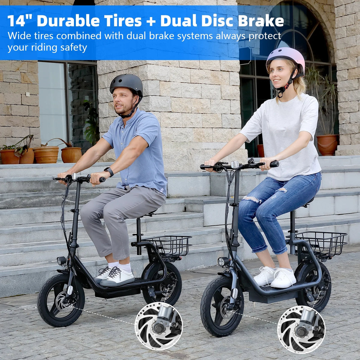 Trottinette électrique SANOPY 350 W avec siège pour adultes, autonomie de 24 km, vitesse de 32 km/h, cyclomoteur avec batterie 36 V 5,2 Ah, vélo électrique urbain avec gros pneus de 14 pouces et amortisseurs, noir