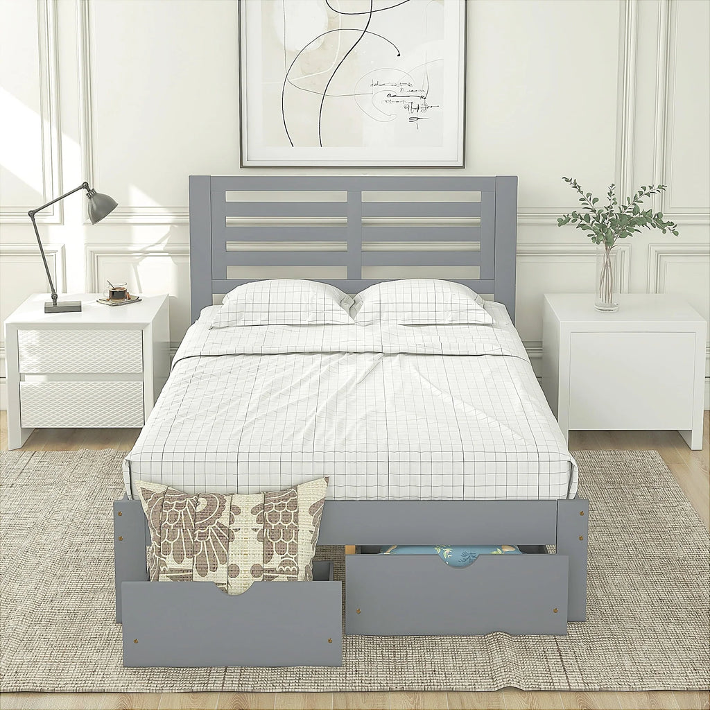 Cadre de lit plateforme avec rangement et tête de lit, cadre de lit double en bois de pin pour chambre, style moderne, avec tiroirs, lattes en bois, support jusqu’à 181 kg, sans sommier requis, gris