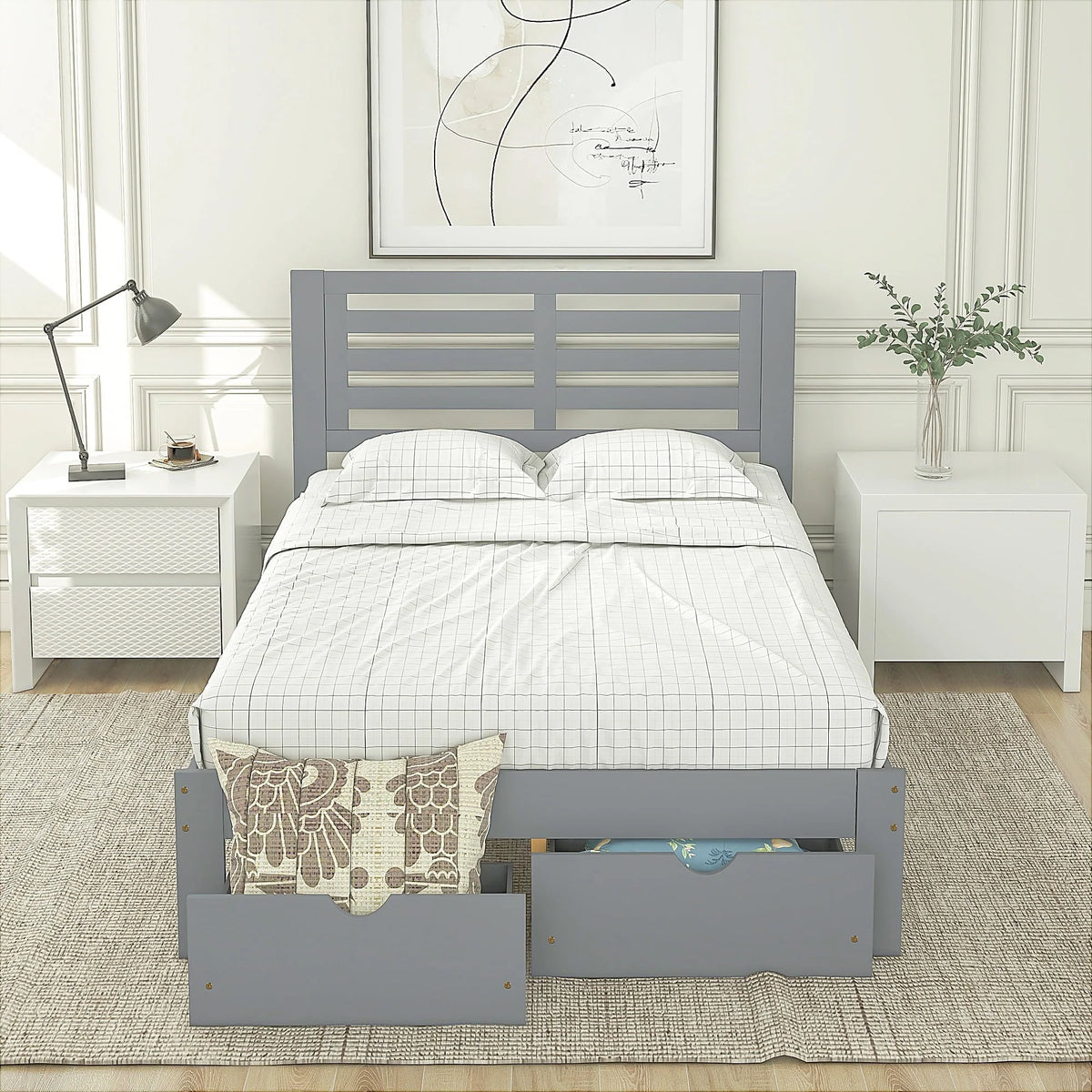 Cadre de lit plateforme avec rangement et tête de lit, cadre de lit double en bois de pin pour chambre, style moderne, avec tiroirs, lattes en bois, support jusqu’à 181 kg, sans sommier requis, gris