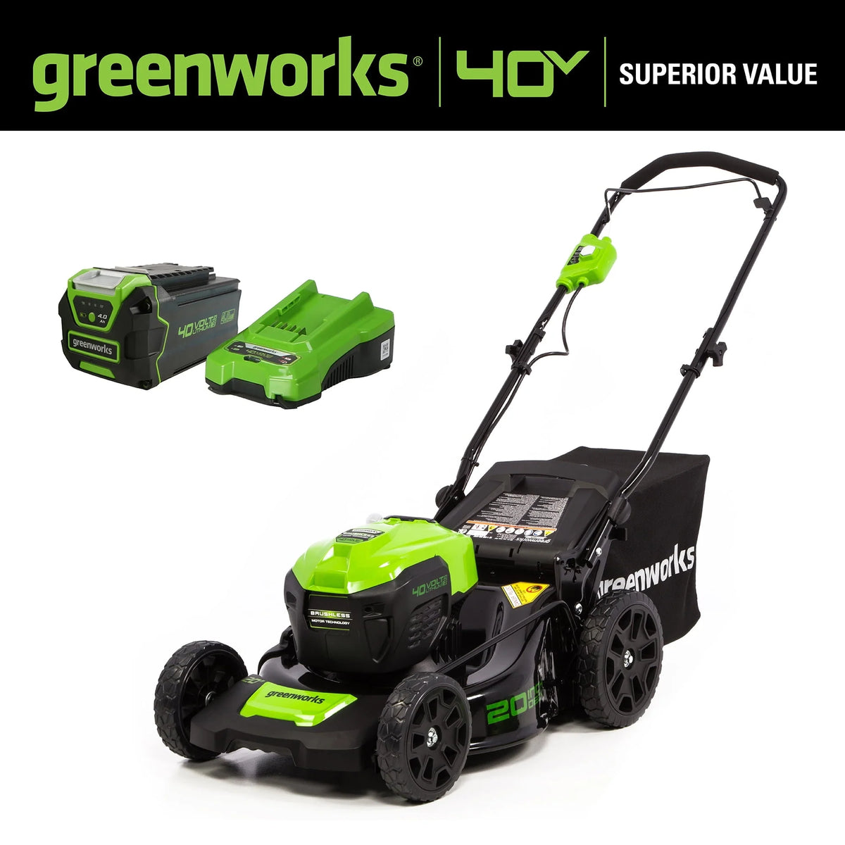 Tondeuse autoportée électrique sans balais Greenworks 40 V de 20 pouces avec batterie de 40 Ah et chargeur rapide, 2516302