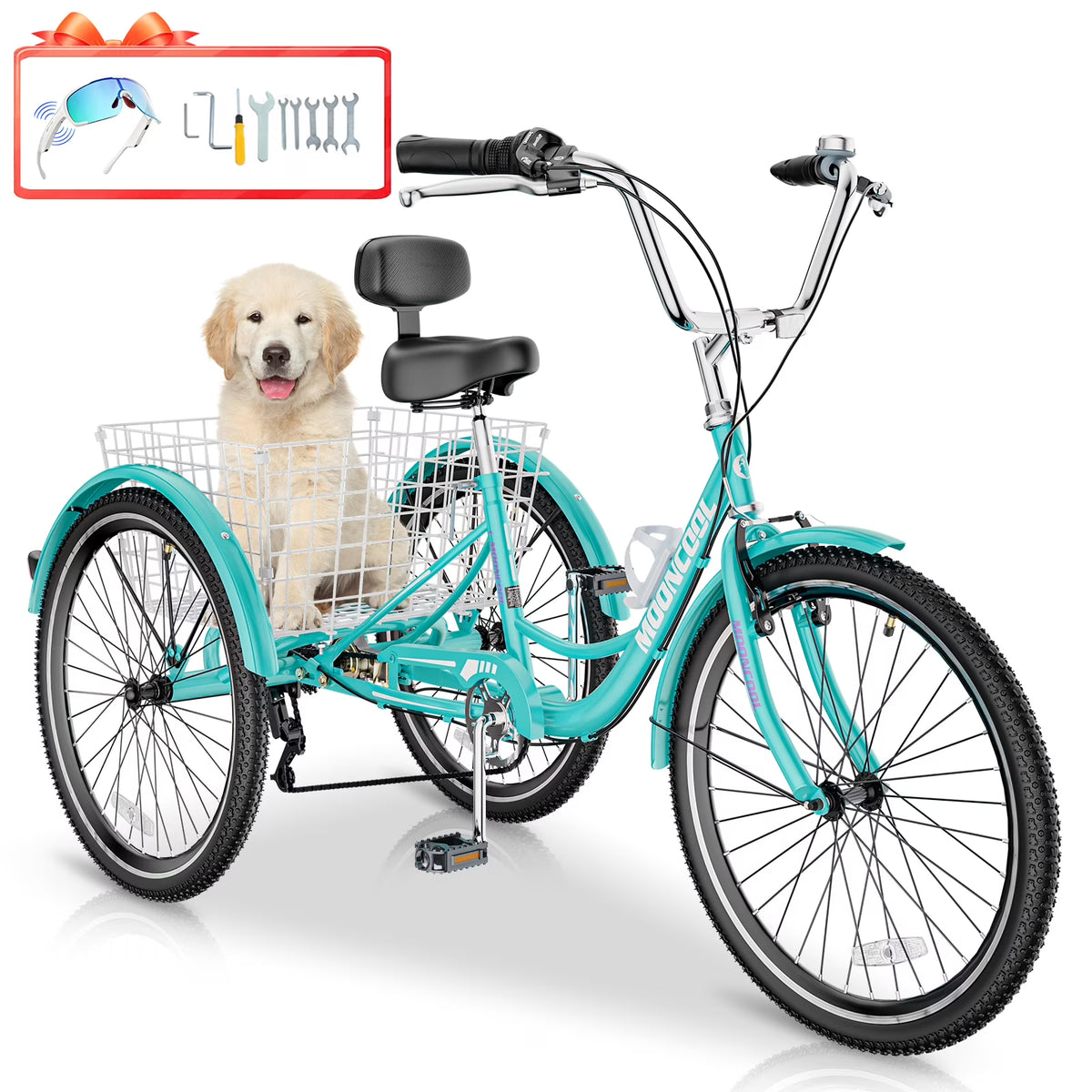 Tricycles pour adultes MOONCOOL avec panier arrière et pompe à pied, vélos à 3 roues 7 vitesses de 24 et 26 pouces, vélo à trois roues pour adultes avec dossier pour seniors, femmes et hommes