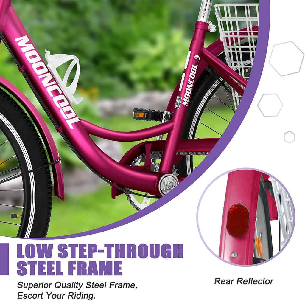 Tricycles pour adultes MOONCOOL avec panier arrière et pompe à pied, vélos à 3 roues 7 vitesses de 24 et 26 pouces, vélo à trois roues pour adultes avec dossier pour seniors, femmes et hommes