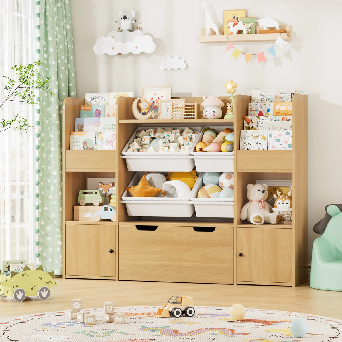 Hiphuta Bibliothèque et Meuble de Rangement pour Jouets pour Enfants, Organisateur en Bois avec 4 Paniers et 2 Tiroirs Amovibles pour la Maison et la Chambre, Étagère à Livres pour Enfants avec Bac à Jouets et Support à Livres, Blanc