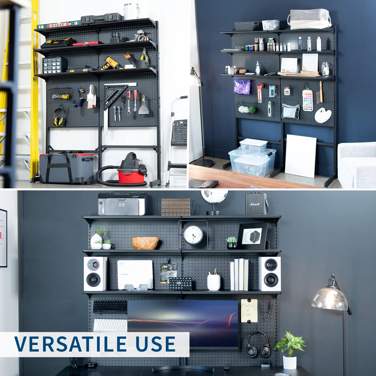 Système de panneau perforé modulaire autoportant noir VIVO avec rangement sur 3 niveaux