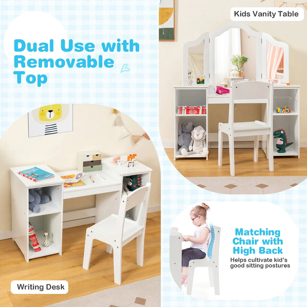 Coiffeuse pour enfant Gymax 2 en 1 Ensemble maquillage princesse avec chaise et miroir pliant sécurisé Blanc