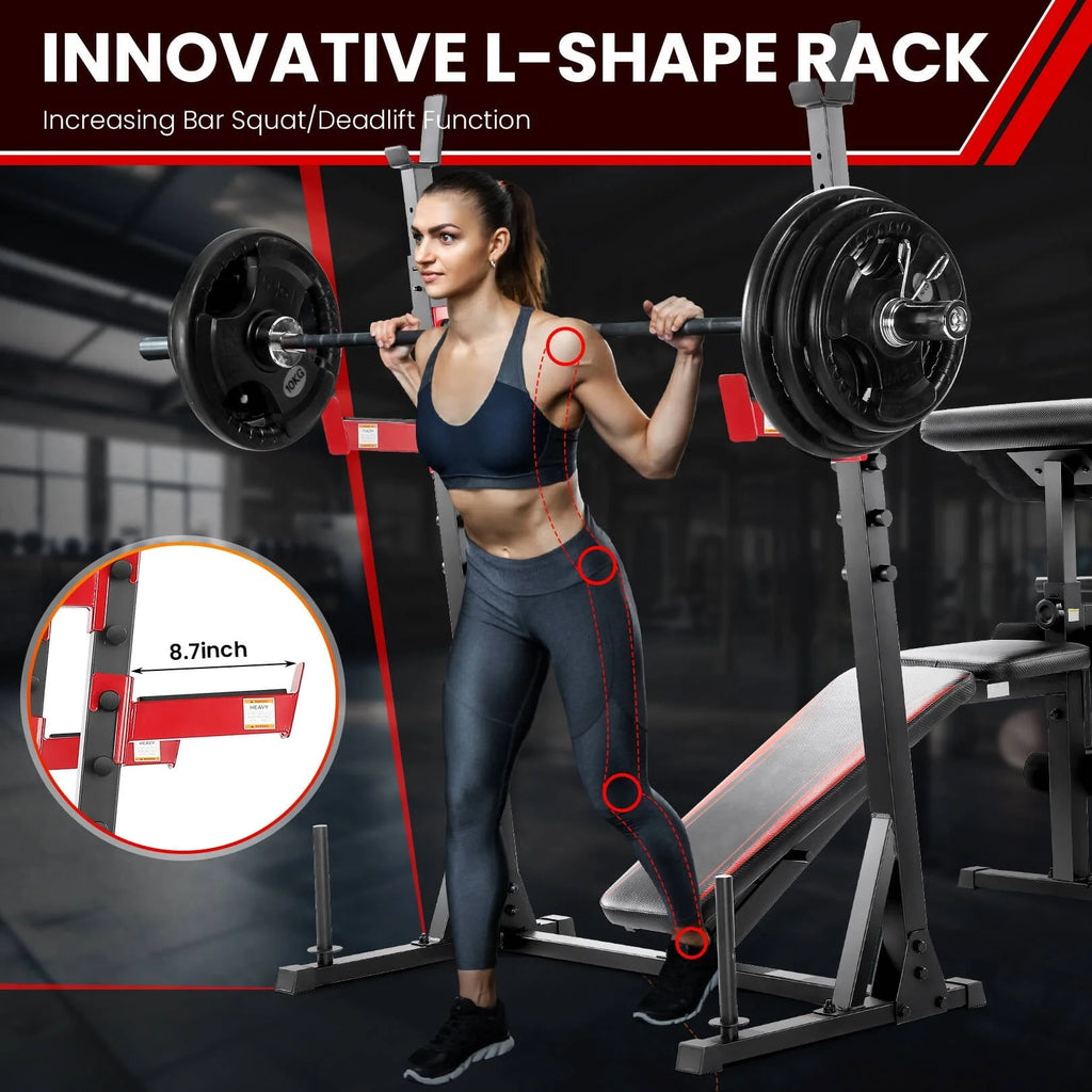 VIBESPARK Banc de musculation à charges réglables 900 LBS Ensemble de banc de musculation olympique avec rack à squats, pupitre à biceps, extension des jambes Banc d’exercice pour tout le corps et développé couché pour salle de sport à domicile