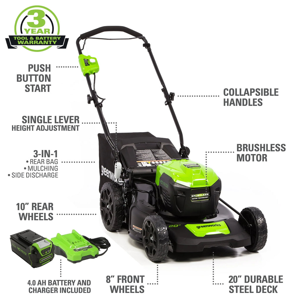 Tondeuse autoportée électrique sans balais Greenworks 40 V de 20 pouces avec batterie de 40 Ah et chargeur rapide, 2516302