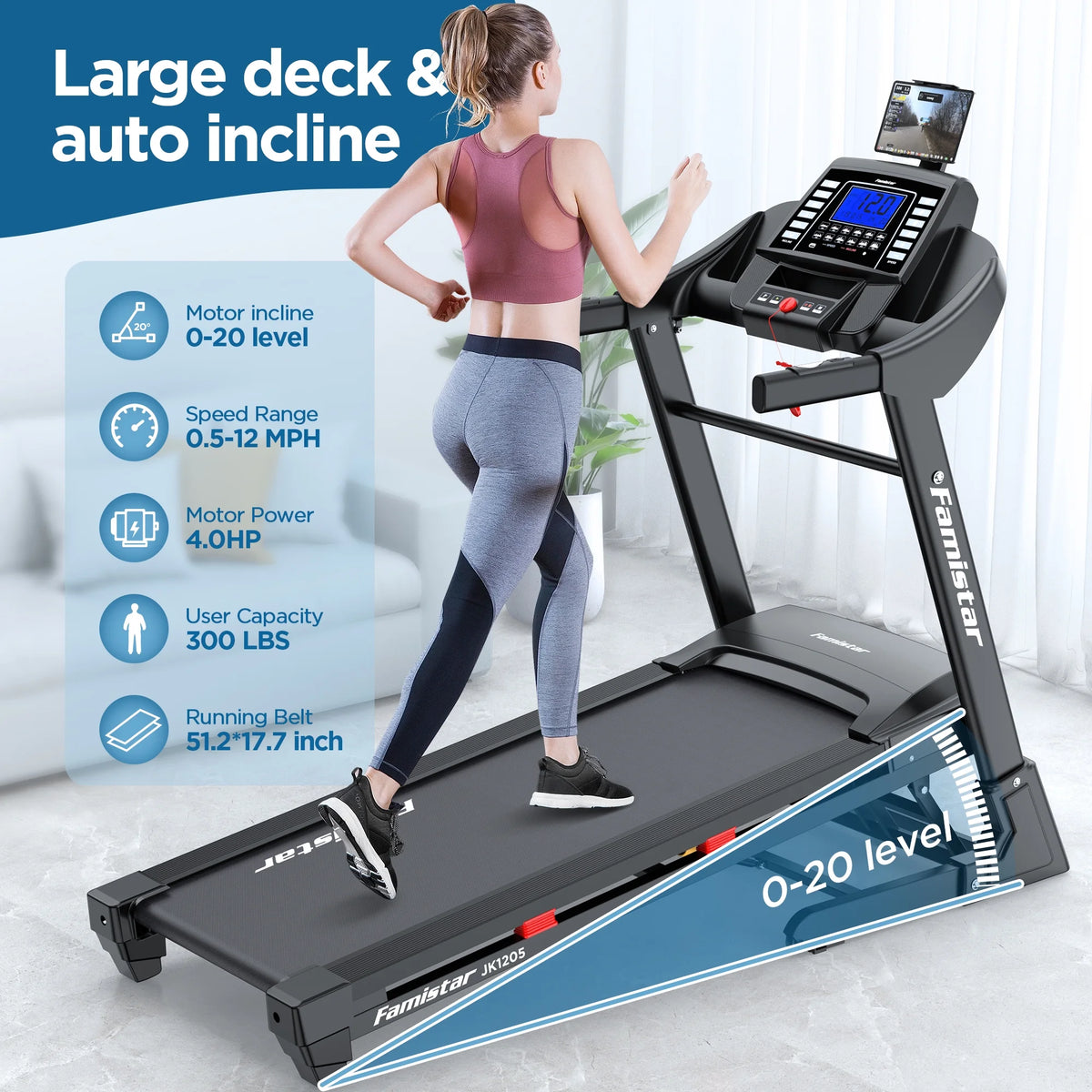 JK1205 Tapis de course en liquidation 300 lbs avec inclinaison automatique à 20 niveaux, commandes de vitesse jusqu'à 12 MPH, machine de course et de marche portable, 4,0 CV, sangle pour genou offerte