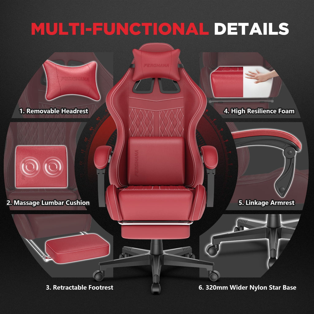 Fauteuil gaming Luxvie avec repose-pieds, fauteuil de bureau ergonomique pour ordinateur avec massage, soutien lombaire et appui-tête, dossier haut, style vintage, pour adultes et enfants, noir