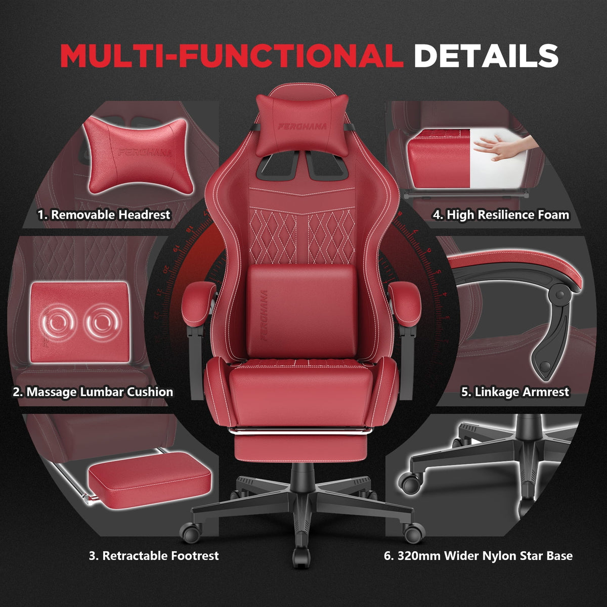 Fauteuil gaming Luxvie avec repose-pieds, fauteuil de bureau ergonomique pour ordinateur avec massage, soutien lombaire et appui-tête, dossier haut, style vintage, pour adultes et enfants, noir