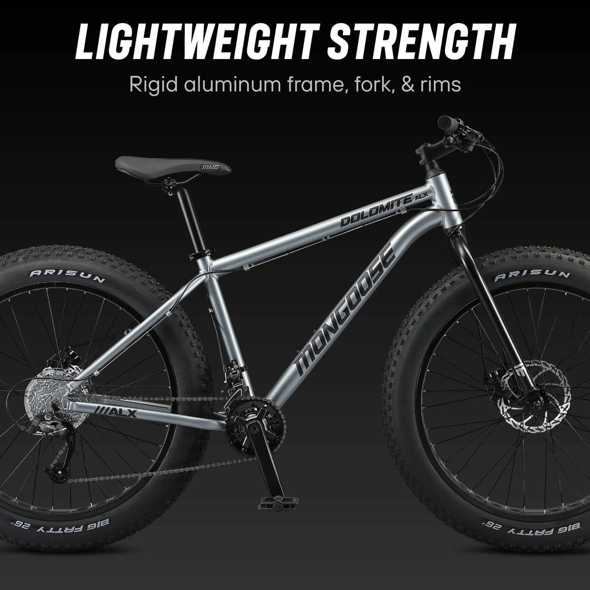 26 Mongoose Dolomite ALX Vélo tout-terrain unisexe à pneus larges, Gris, 12 ans et +