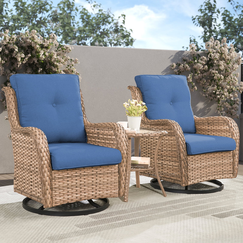 POCASSY Salon de Jardin 3 Pièces en Rotin Tressé Fauteuils Berçants et Pivotants avec Coussins