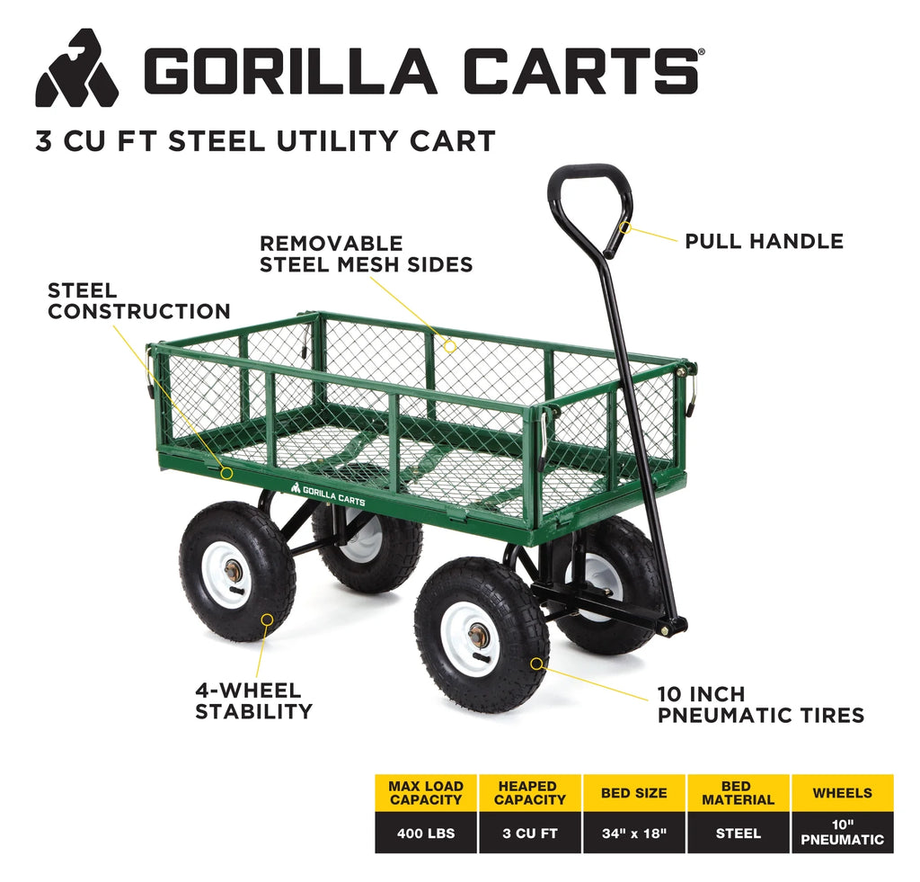 Chariot de jardin en maille d'acier Gorilla Carts GOR400 de 400 lb avec 10 pneus