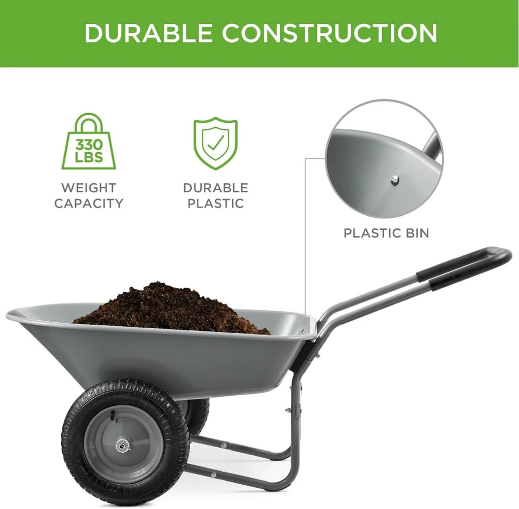 ZZJP Brouette de jardin utilitaire à deux roues pour la maison, avec béquille intégrée, pour pelouse, jardinage et construction - Grise
