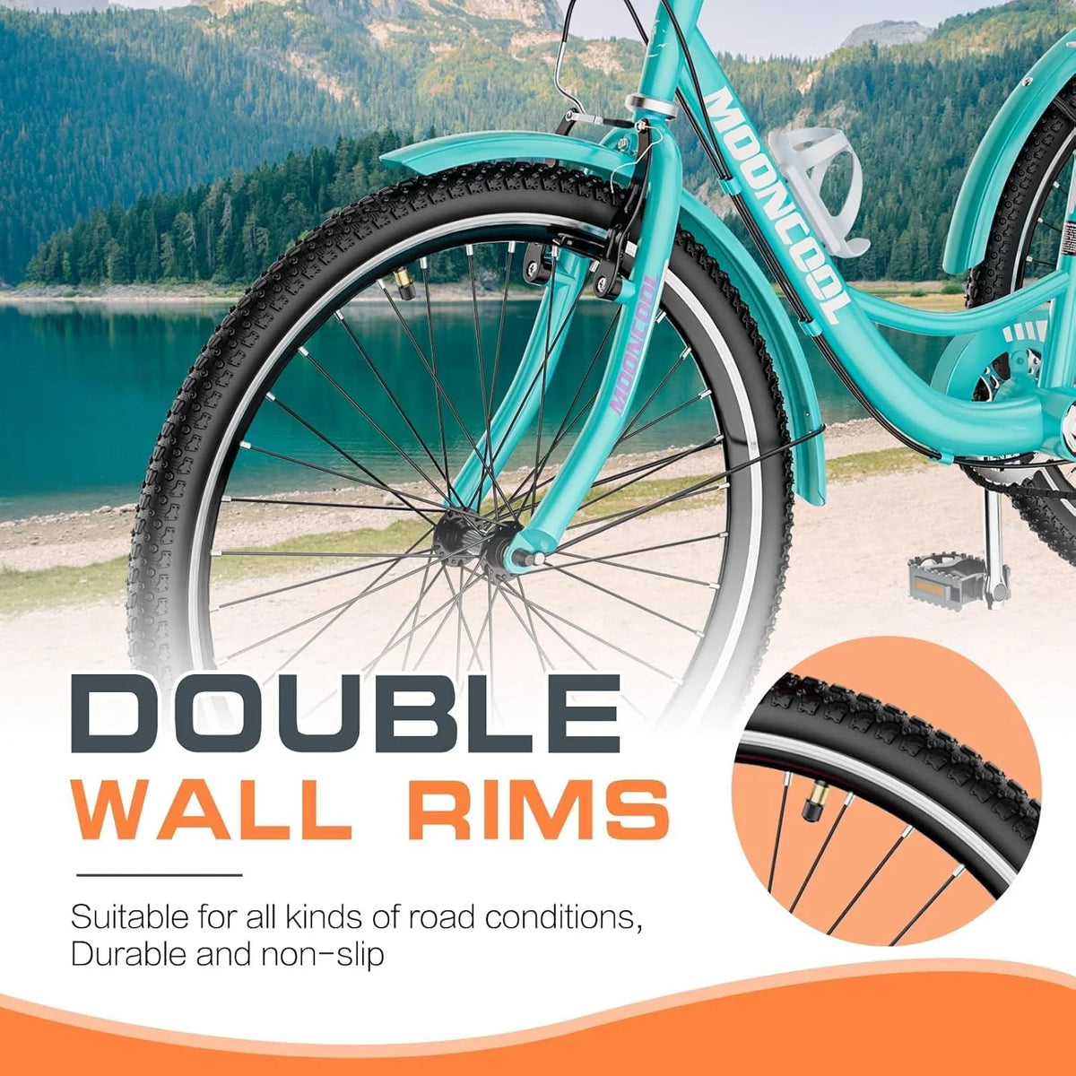Tricycles pour adultes MOONCOOL avec panier arrière et pompe à pied, vélos à 3 roues 7 vitesses de 24 et 26 pouces, vélo à trois roues pour adultes avec dossier pour seniors, femmes et hommes