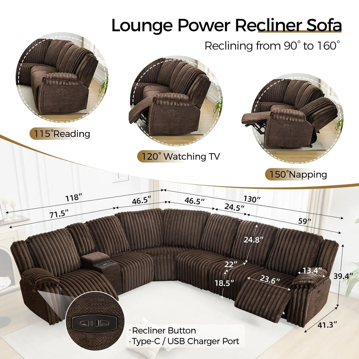 Canapé d’angle inclinable électrique avec chargeur sans fil, 6 places en fausse fourrure avec fauteuils inclinables, porte-gobelets dissimulés, console de rangement, ports USB et Type-C, noir