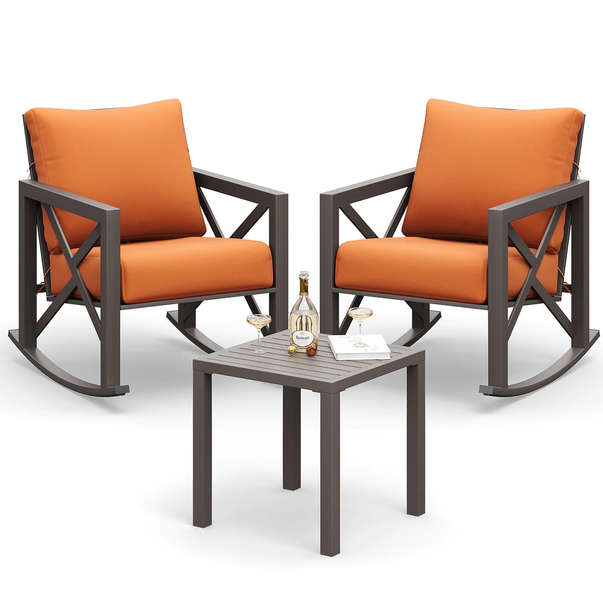 Ensemble de bistrot MRUAKA avec chaises à bascule, ensemble de mobilier de patio extérieur 3 pièces avec 2 chaises à bascule et 1 table basse en métal avec coussins épais pour porche, cour arrière, bord de piscine, beige