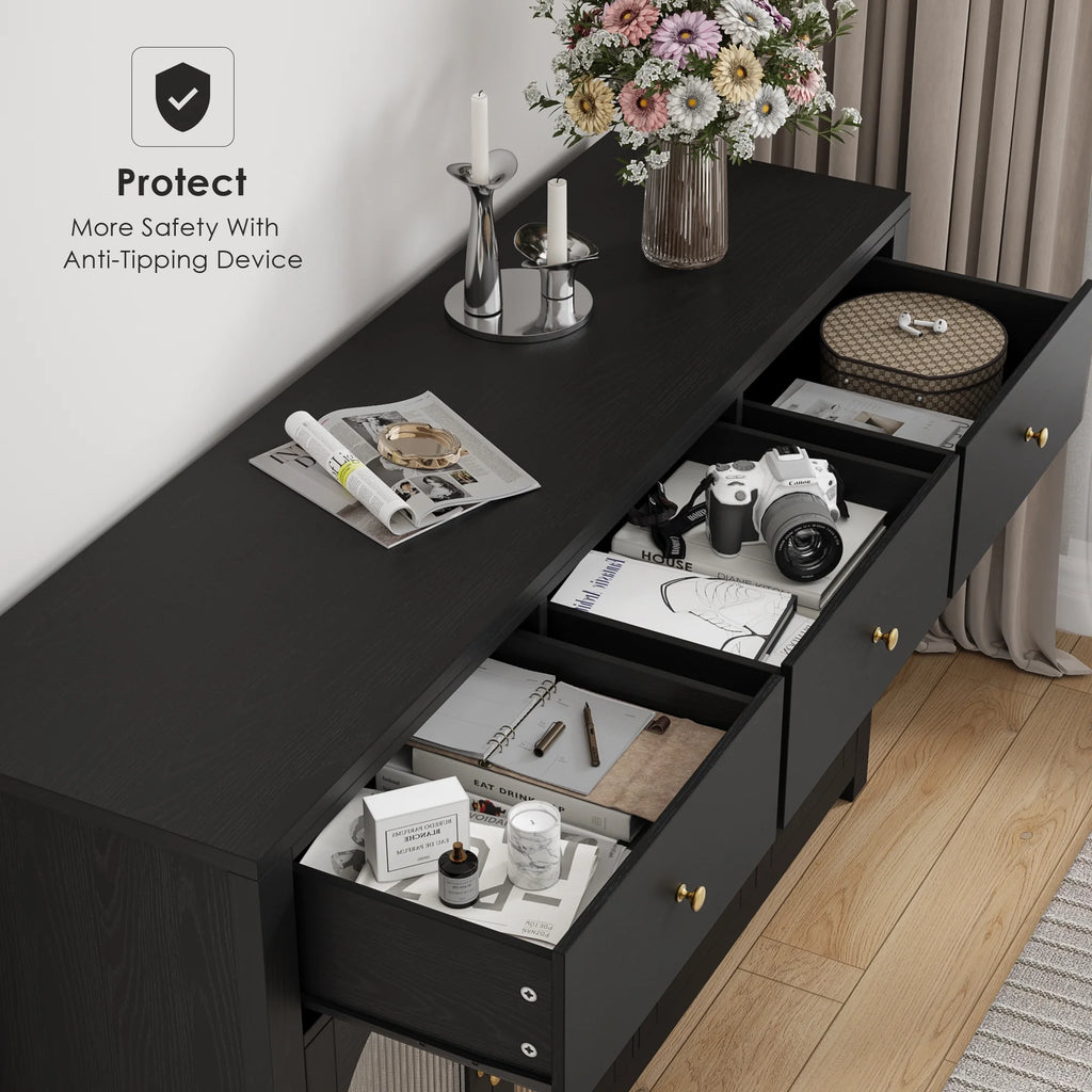 Homfa Grand buffet de 55'', meuble de rangement de cuisine avec 3 tiroirs et 4 portes vitrées, meuble bar en bois pour salon, blanc