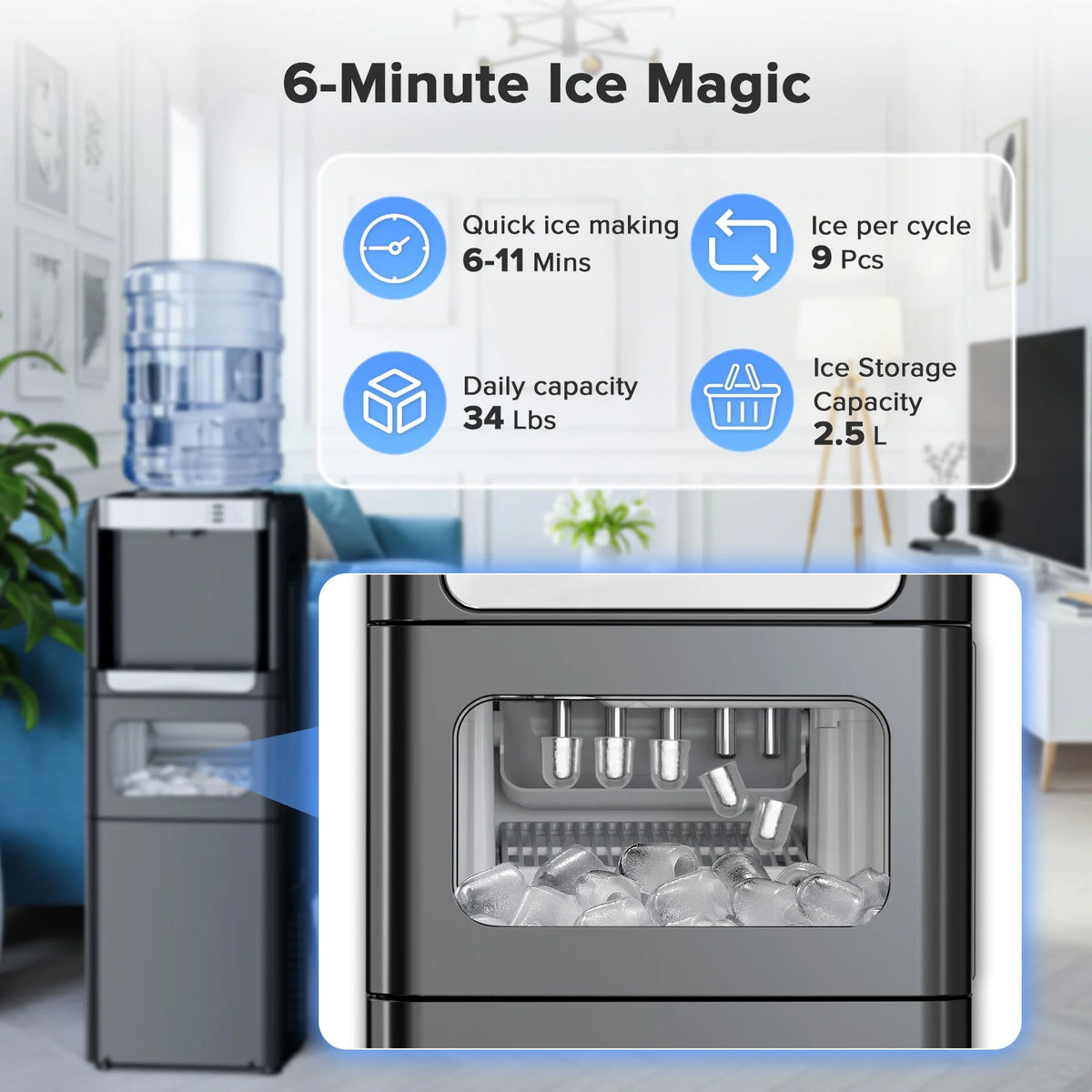 LHRIVER Distributeur d’eau 2-5 gallons & Machine à glaçons 6 min, 3-en-1 Chaud/Froid/Glace, Verrouillage enfant & Économe en énergie, pour Maison/Bureau, Noir