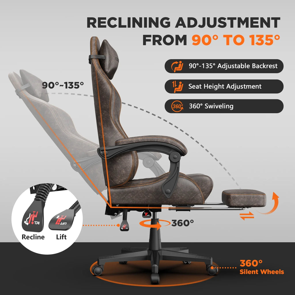 Fauteuil gaming Luxvie avec repose-pieds, fauteuil de bureau ergonomique pour ordinateur avec massage, soutien lombaire et appui-tête, dossier haut, style vintage, pour adultes et enfants, noir