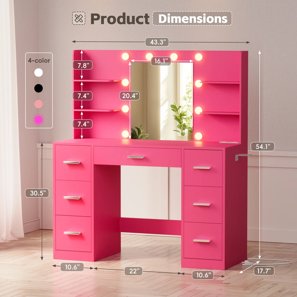 Coiffeuse Lacoo avec miroir et éclairage LED, coiffeuse de maquillage avec 7 tiroirs et 4 étagères, table de toilette avec prise électrique pour chambre ou dressing, blanc