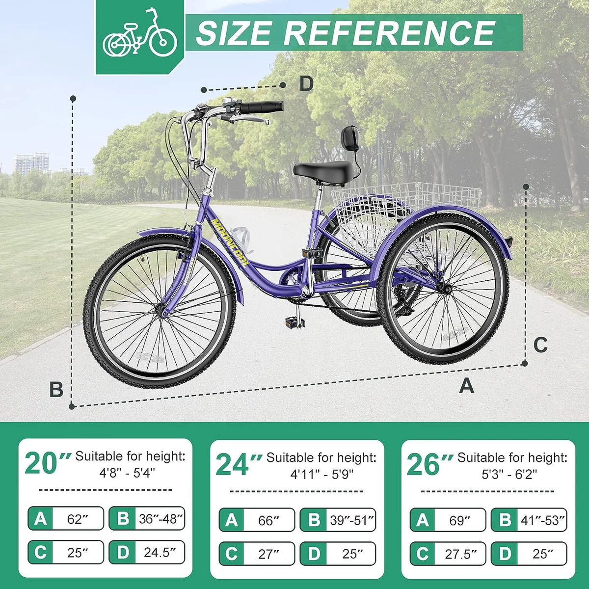 Tricycles pour adultes MOONCOOL avec panier arrière et pompe à pied, vélos à 3 roues 7 vitesses de 24 et 26 pouces, vélo à trois roues pour adultes avec dossier pour seniors, femmes et hommes