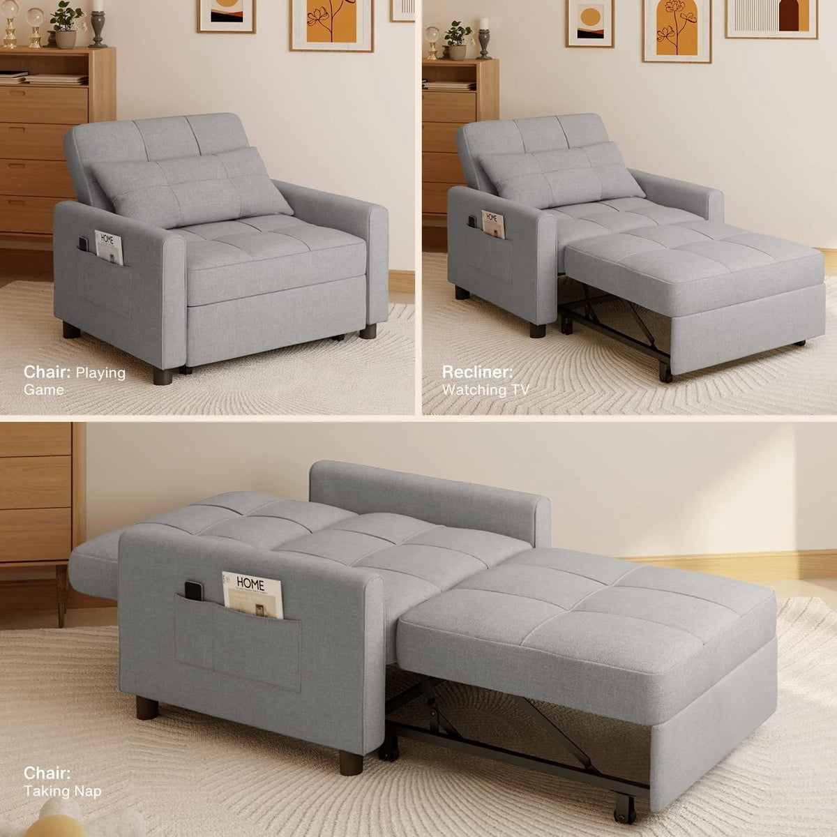 Fauteuil convertible Lofka, canapé-lit inclinable, lit une place pour salon/bureau/chambre, gris clair