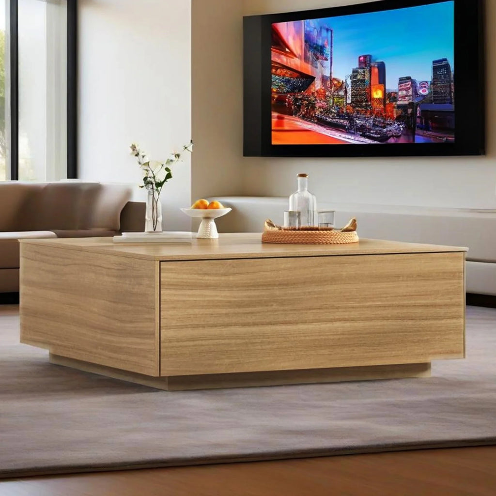 Table basse carrée Blotout avec 2 grands tiroirs, table basse Mid-Century Modern de 43 avec rangement, table basse en bois, table de salon avec rangement, grain de bois