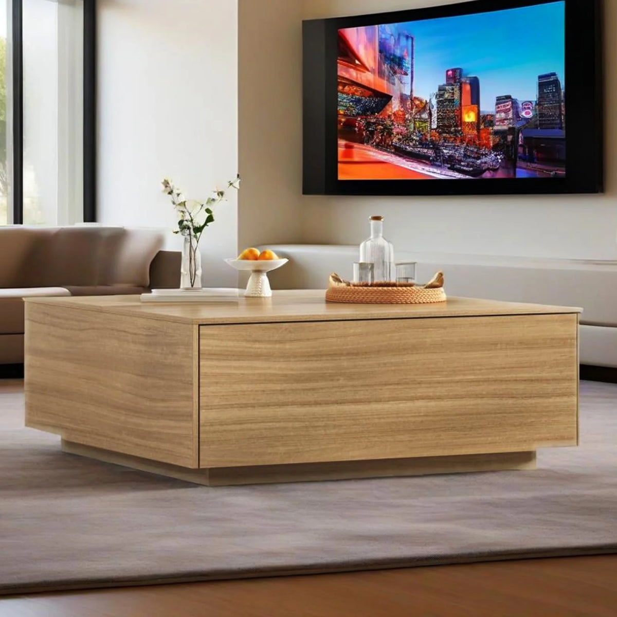 Table basse carrée Blotout avec 2 grands tiroirs, table basse Mid-Century Modern de 43 avec rangement, table basse en bois, table de salon avec rangement, grain de bois