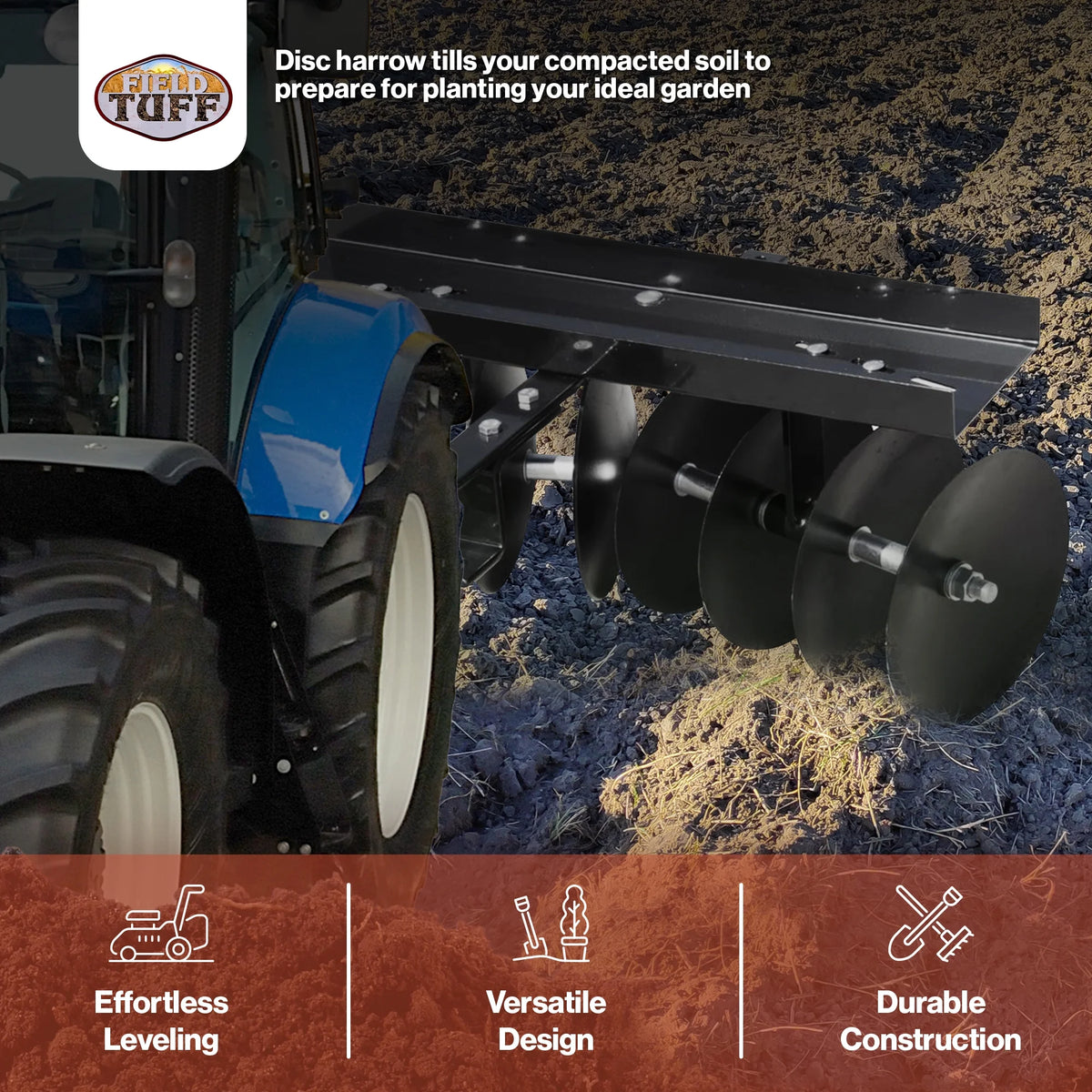 Field Tuff 39 po Cultivateur de sol de jardin à remorque avec attelage de translation et herse à disques