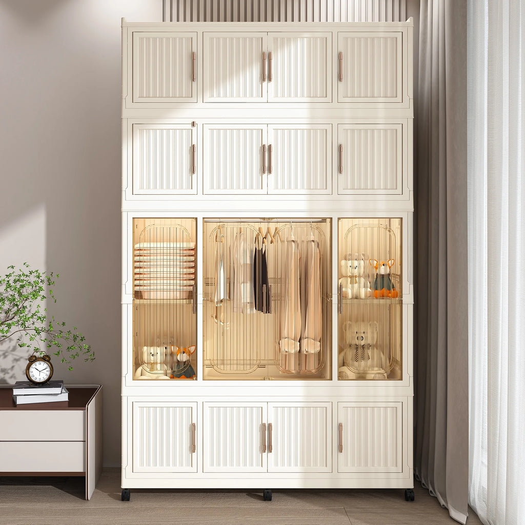 Penderie portable pour enfants Montary avec portes magnétiques et tringle – Meuble de rangement en plastique à 4 casiers pour chambre d'enfant