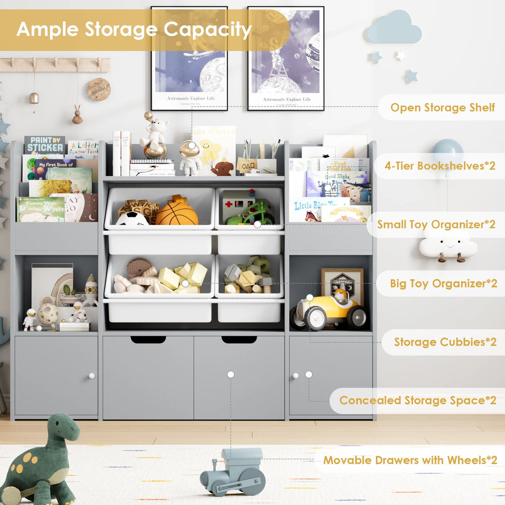 Hiphuta Bibliothèque et Meuble de Rangement pour Jouets pour Enfants, Organisateur en Bois avec 4 Paniers et 2 Tiroirs Amovibles pour la Maison et la Chambre, Étagère à Livres pour Enfants avec Bac à Jouets et Support à Livres, Blanc
