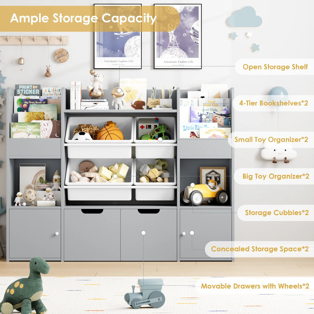 Hiphuta Bibliothèque et Meuble de Rangement pour Jouets pour Enfants, Organisateur en Bois avec 4 Paniers et 2 Tiroirs Amovibles pour la Maison et la Chambre, Étagère à Livres pour Enfants avec Bac à Jouets et Support à Livres, Blanc