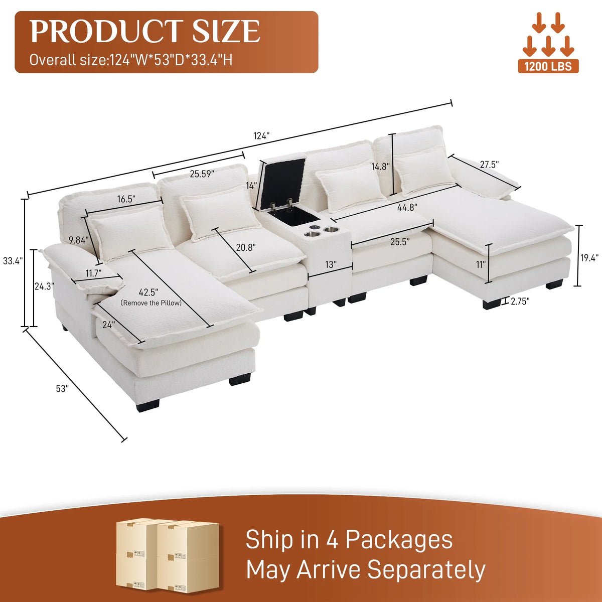 Canapé modulable en U Wiilayok Cloud Couch, méridienne double extra profonde de 124 cm en chenille duveteuse, console centrale avec ports USB-C et A doubles, gris tempête
